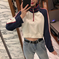 Early autumn European goods large size net red sweater womens stand-up collar short 2021 new exposed navel sexy thin long-sleeved top