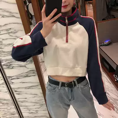 Early autumn European goods large size Net red clothes female stand collar short 2021 New Dew navel sexy thin long sleeve top