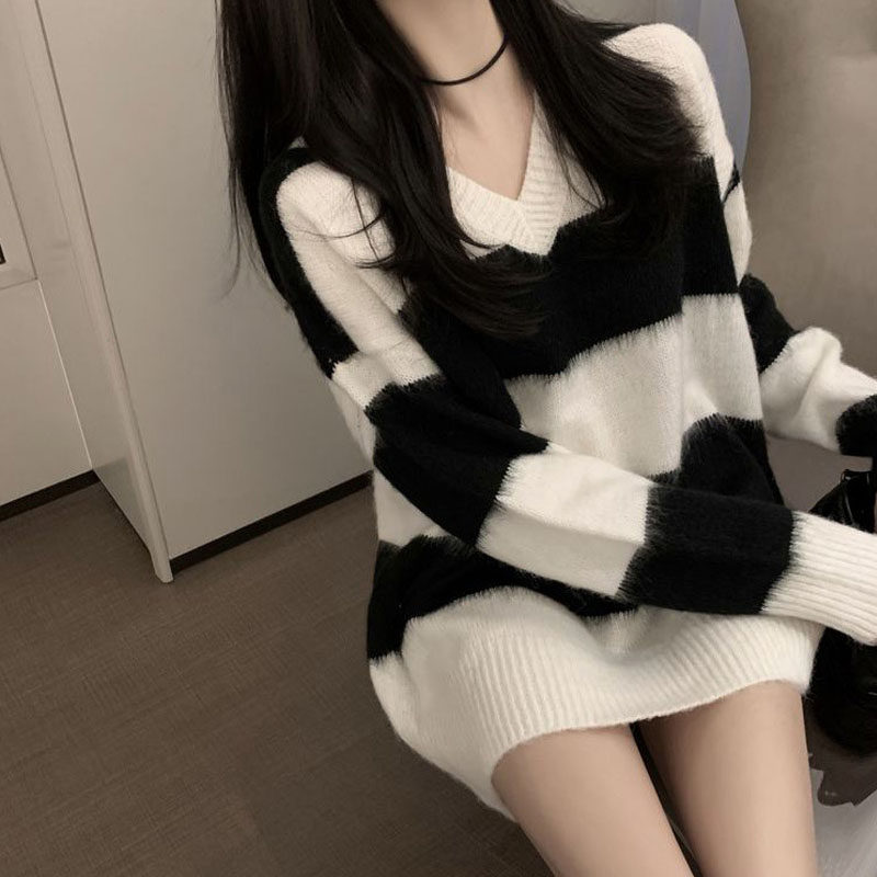 Net red same style striped sweater women's loose 2020 autumn and winter new style thickened all-match long-sleeved very fairy western style top