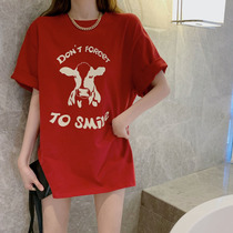 European Station Red Short Sleeve T-shirt Female Bull years Ins Chains 2021 The new medium long section pure cotton loose Fashion Korean version