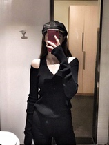 European station womens net red spring and Autumn V-neck strapless sexy thin sweater top slim slim cardigan ins