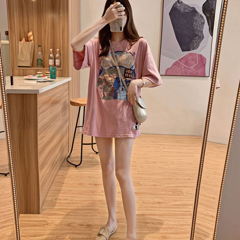 Eurostock Large version New section Disappearing Short Sleeve T-Shirt Woman Ins Overfire Harbor Wind Loose 100 Lapped Printed Half Sleeve Blouse