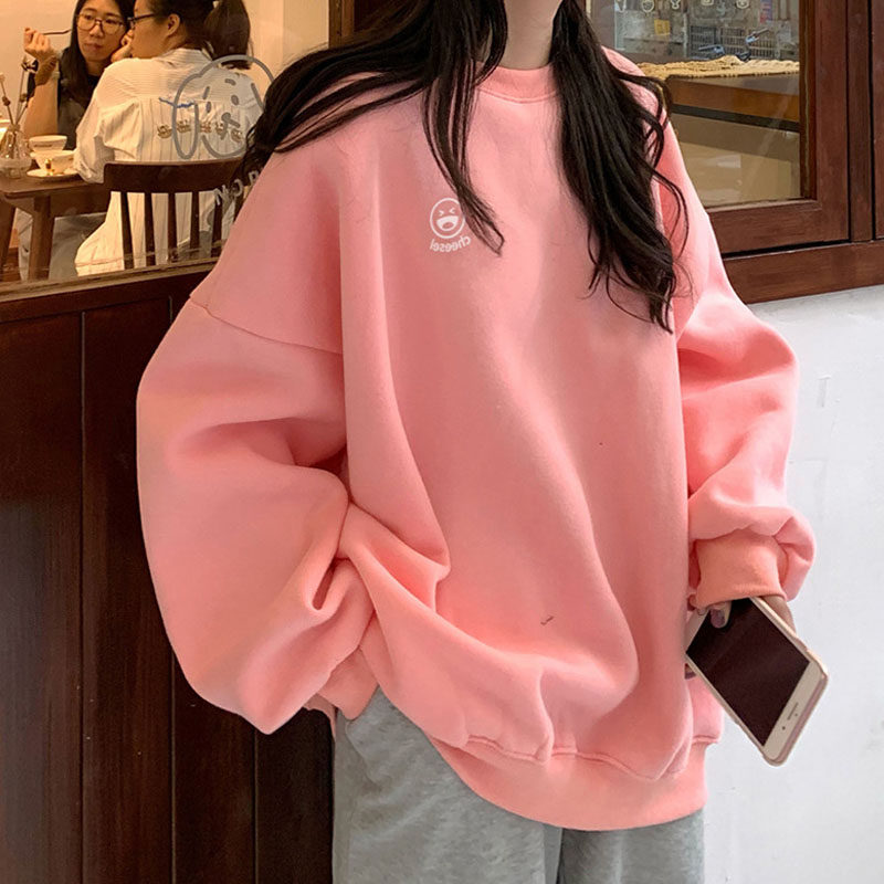 Pink Sweatshirt Lady Loose Plus Suede Thickened Autumn Winter Style 2020 New Tide Medium Long Version Loose Korean version bf Lazy Breeze