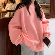 Pink Sweatshirt Lady Loose Plus Suede Thickened Autumn Winter Paragraph 2020 New Tide Medium Long loose Korean version bf Lazy Breeze