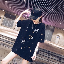 Undershirt short-sleeved T-shirt women sequin embroidery short-sleeved ins western style 2020 new trendy loose mid-length all-match top