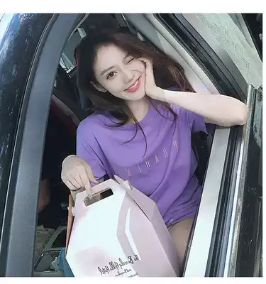 Missing T-shirt female ins with the same letter summer short sleeve purple Han fan Joker bf loose medium and long version