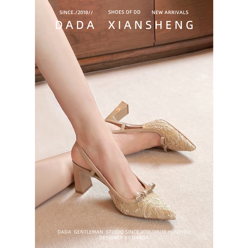 Wenwain'Er~ French-Style Bow High-Heeled Closed-Toe Sandals for Women 2026 New Pointed-Toe Lace Mesh Chunky Heel Shoes