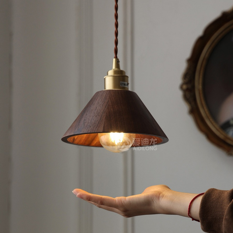 ins Scandinavian Style Black Walnut Bedside Restaurant Solid Wood Chandelier Bar Restaurant Retro Wood Color Brass Chandelier