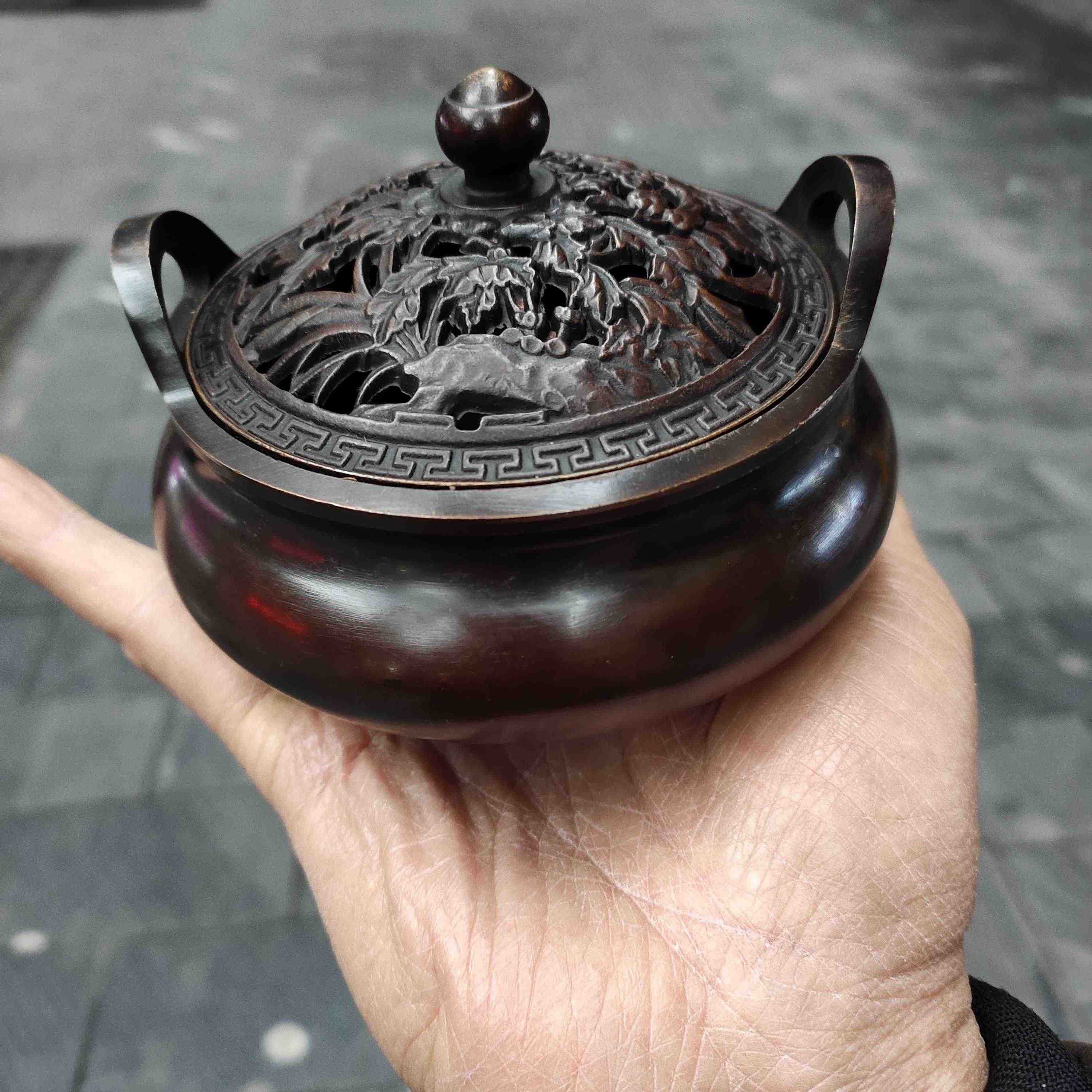 珍品旧蔵*大明 宣德年製 宮廷御用 紫銅 純銅 全銅 高浮雕鏨刻塗