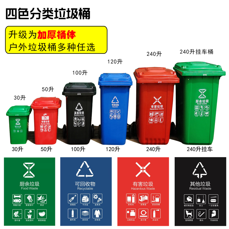 Outdoor Trash Can, Large Commercial-Grade, Thickened, with Lid and Wheels, 240L, Four-Color Sanitation Classification, Extra-Large Plastic Garbage Bin