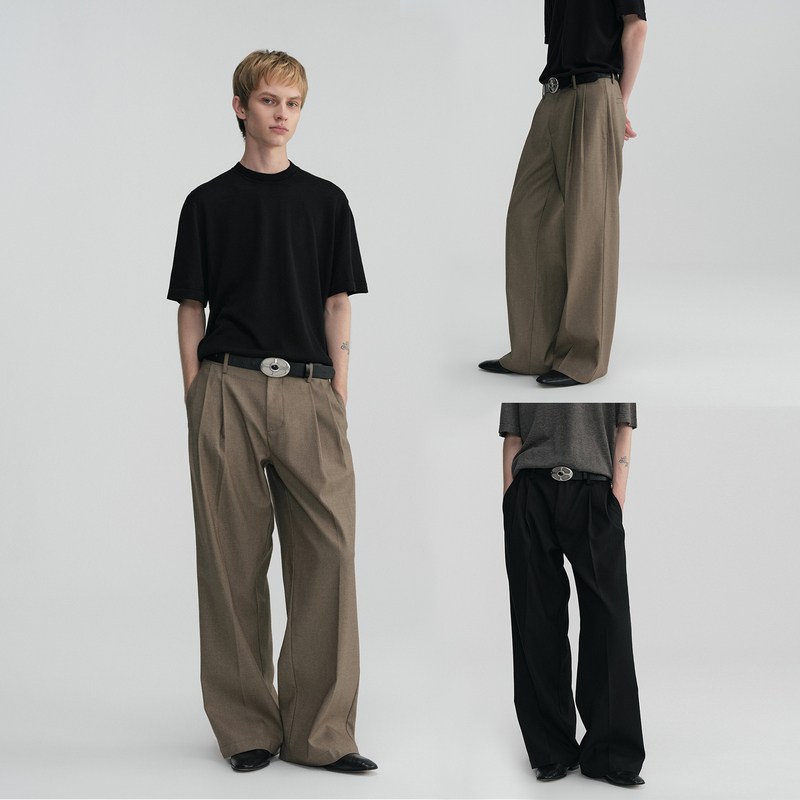 Ten Cozy Retro Vintage Style Textured A-Line Drape Trousers for Men, Loose Straight Wide-Leg Pleated Long Pants