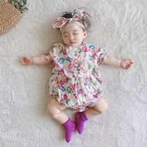 INS Spring Summer Newborn Baby Conjoined Clothes Purple Crushed Flowers Short Sleeves Princess Khau Girl Baby Triangle Bag Fart