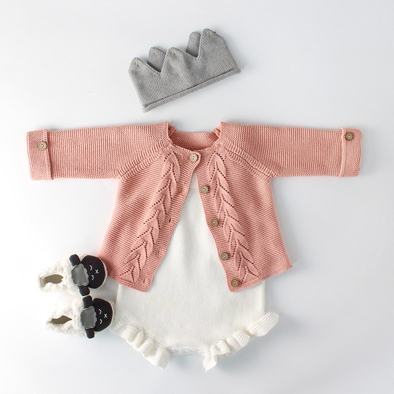 Spring and autumn fitted newborn baby knit cardiovert jacket toddler baby girl khau suit wool line sweaters 0-1-2 years old