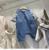 Korean version of Spring and Autumn section male and female baby mesh red soft denim back with pants khae clothes baby one-piece dress foreign air pure cotton crewback