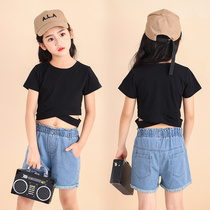 Girls short sleeve t-shirt black white cotton student dancing catwalk 9 middle and big child cotton foreign childrens clothing summer