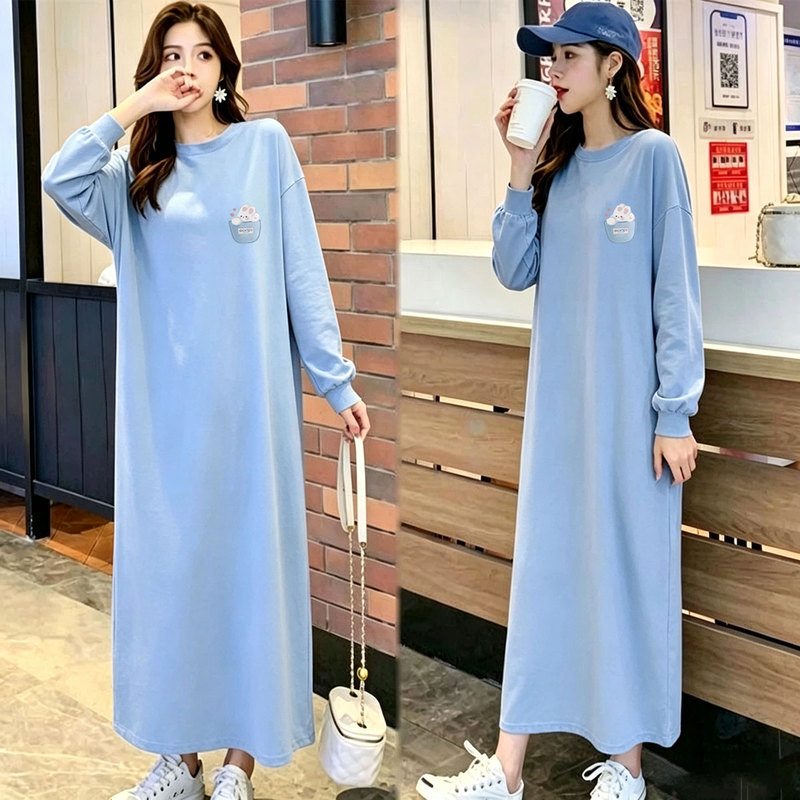 100% Pure Cotton Lazy Style Long-Sleeved Dress for Women, Spring and Autumn Blue Over-The-Knee Long Dress, Loose Autumn and Winter Korean Style Casual Dress