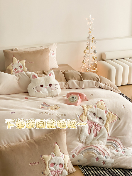 Cartoon Style Autumn and Winter Double-Sided Milk Velvet Four-Piece Set with Cute Cat Embroidery, Thickened and Warm Bedding