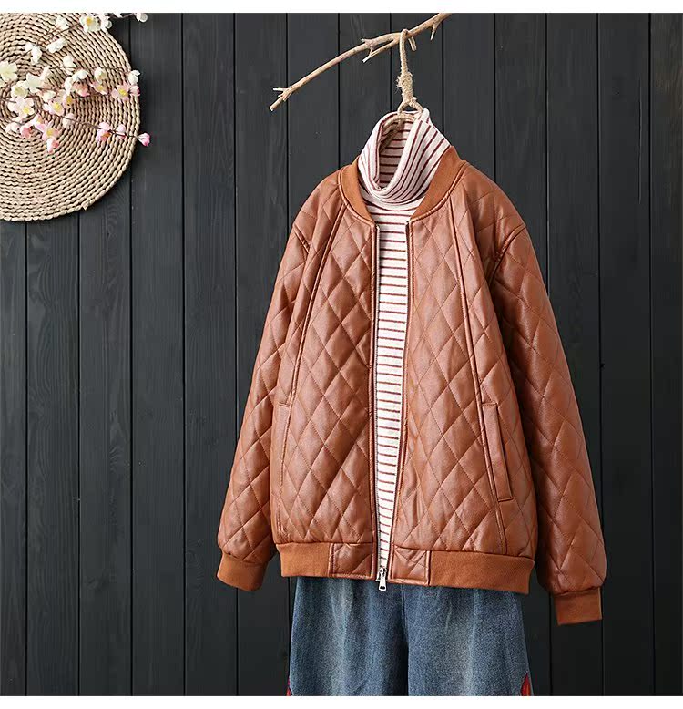 Da mới phiên bản Hàn Quốc của cổ áo ngắn retro lỏng lẻo Áo khoác da PU bóng chày thanh niên đồng phục nữ ấm áp dày áo da thật