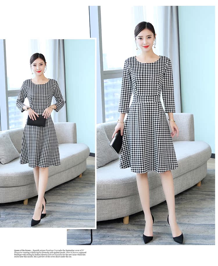 2018 mùa thu thời trang mới bảy điểm tay áo in houndstooth một từ váy mỏng kích thước lớn tính khí mỏng đầm đầm dạ hội