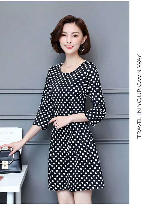 Châu Âu 2018 mùa thu dài phần lớn kích thước tay áo của phụ nữ bảy điểm chấm in váy Slim Một từ váy