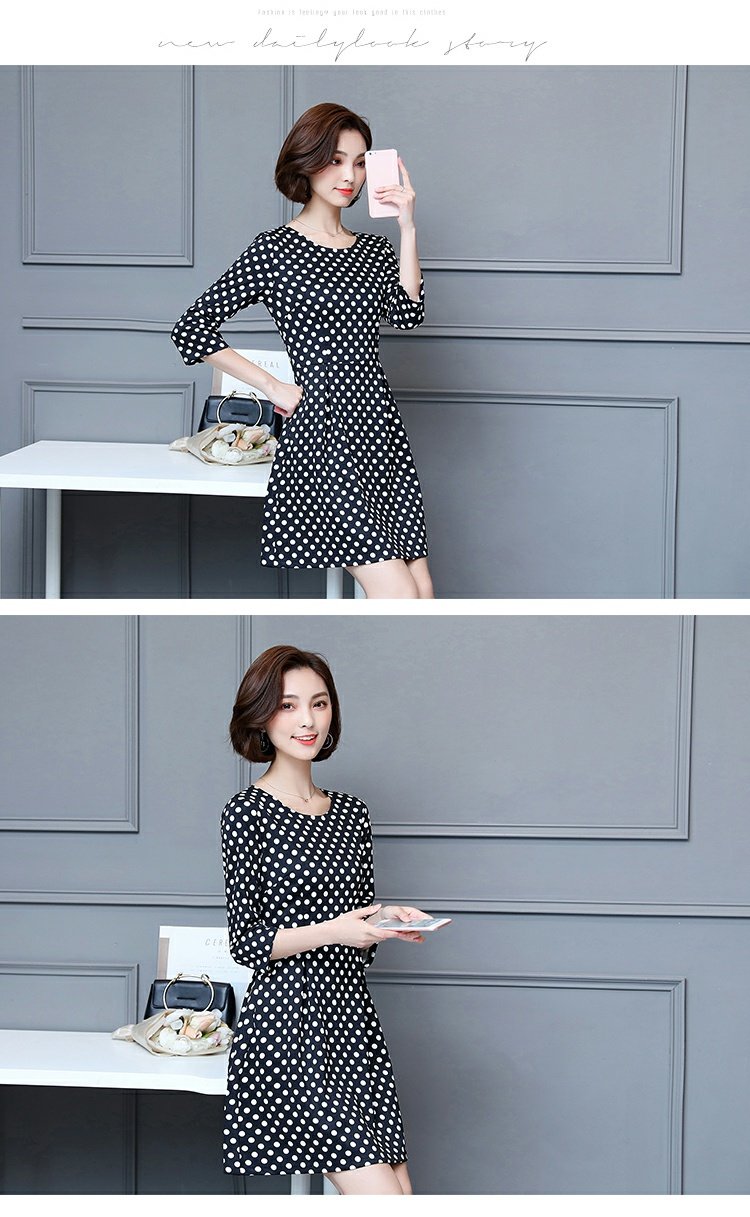 Châu Âu 2018 mùa thu dài phần lớn kích thước tay áo của phụ nữ bảy điểm chấm in váy Slim Một từ váy váy liền thân chữ a