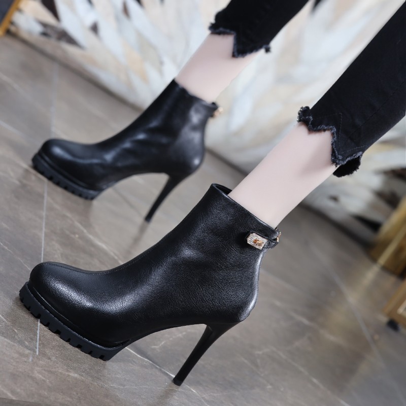 Black high-heeled shoes women's 2020 new autumn European and American round toe waterproof platform and nude boots all-match stiletto zipper ankle boots