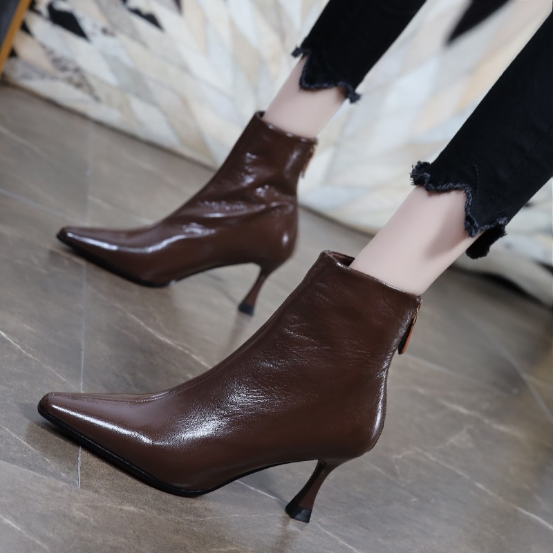 Retro Brown Pointed High Heel Short Boots Woman 2021 Autumn Winter New 100 Hitch Heel Small Heel Leather Boots