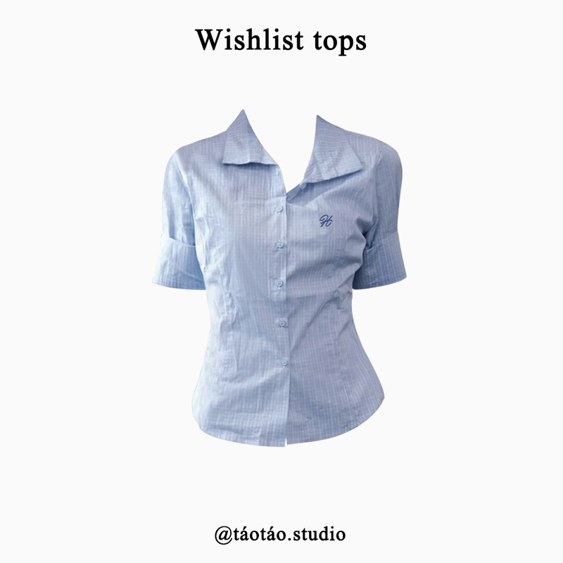 Taotao Custom Blue Plaid Embroidered Lapel Mid-Sleeve Shirt for Women, New Summer Style, Chic Waist-Cinching Slimming Top