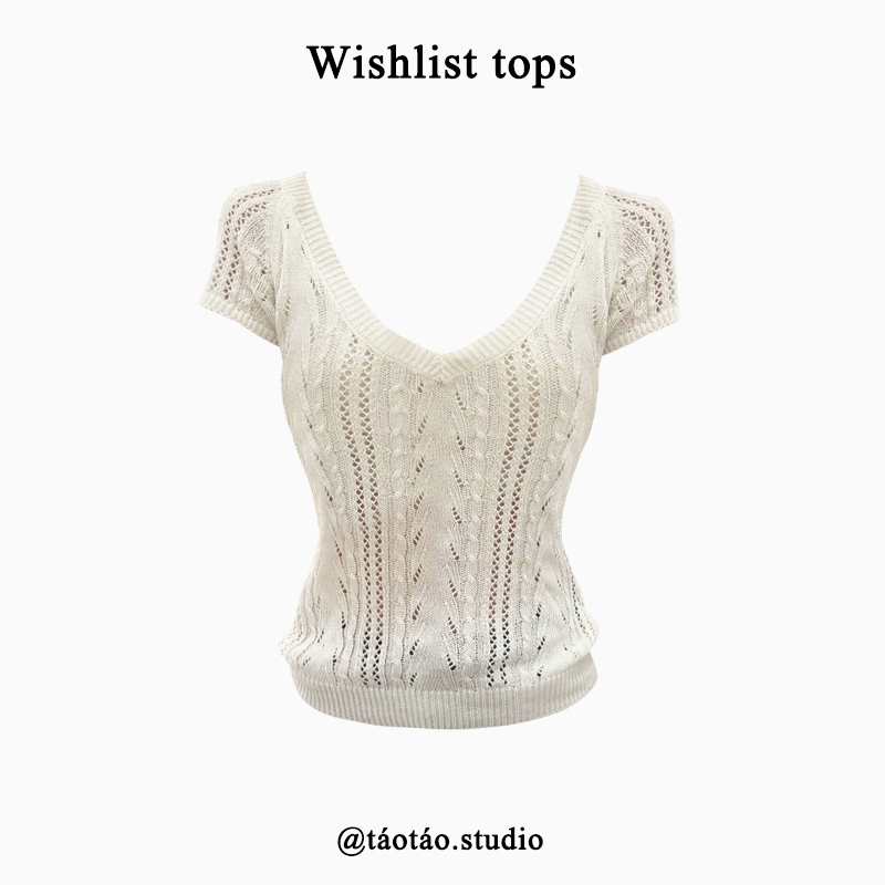 Escape Escape LAOSHU French-Style Gentle Hollow-Out V-Neck Short-Sleeve T-Shirt for Women, New Summer Slim-Fit Knit Top