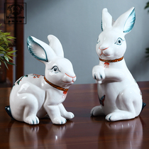 Jingdezhen blue and white ceramic rabbit ornaments Chinese living room home decoration twelve Zodiac crafts birthday gift