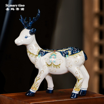 Ice cracked European ceramic blue and white porcelain handmade sika deer ornaments Chinese home living room study decoration creative ornaments