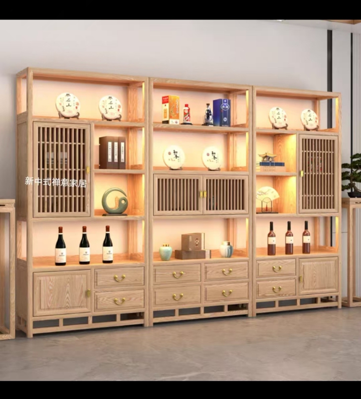 Ash Wood New Chinese-Style Solid Wood Display Shelf with Lights, Tea Rack, Storage Rack, Small Partition, Multi-Purpose Shelf Ash Wood New Chinese-Style Solid Wood Display Shelf with Lights, Tea Rack, Storage Rack, Small Partition, Multi-Purpose Shelf