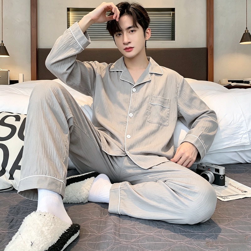 Cloud Cotton Men's Pajamas Long-Sleeved Long Pants Spring and Autumn Simple Style Solid Color High-End Feel Can Be Worn Outside Loungewear Loose Fit Cloud Cotton Men's Pajamas Long-Sleeved Long Pants Spring and Autumn Simple Style Solid Color High-End Feel Can Be Worn Outside Loungewear Loose Fit