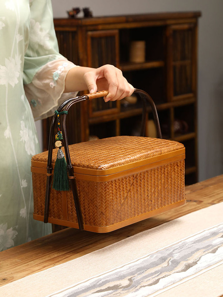 Handmade Bamboo Cabas Satchel Retro Basket Bamboo Double Layer Food Container Moon Cake Gift Box Portable Tea Ceremony Tea Set Storage Box