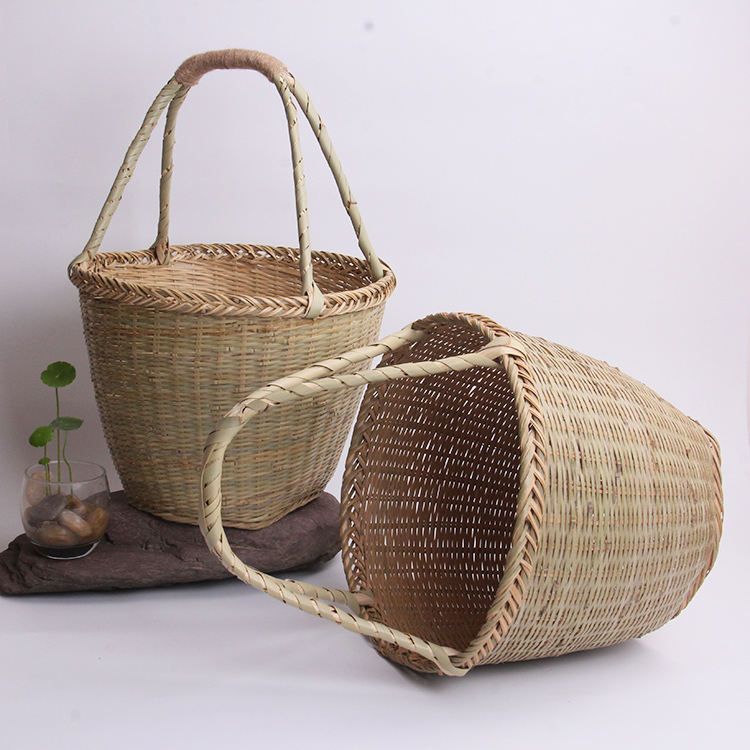 Handmade Bamboo Woven Basket Small Bamboo Basket Portable Green Leather Basket Containing Basket Hangzhou Blue Vegetable Basket Fruit Egg Basket