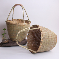 Handmade bamboo basket Small bamboo basket Portable green leather basket storage basket Hangzhou blue vegetable basket Fruit egg basket