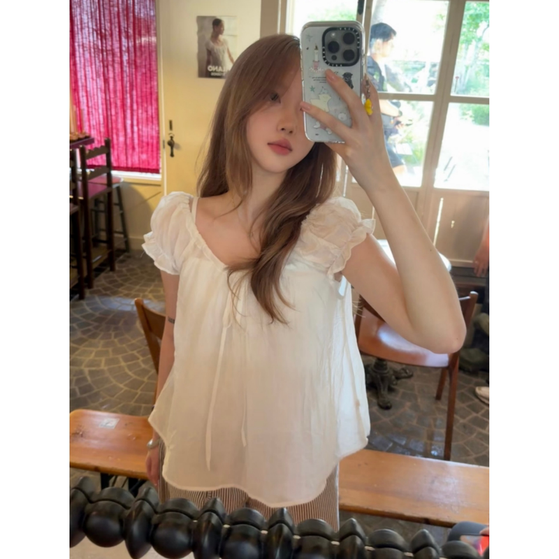 Daisy Bomb French-Style Sweet Puff Sleeve Lace-Up Shirt for Women, Summer Square Neck Loose Slimming Age-Reducing Top Daisy Bomb French-Style Sweet Puff Sleeve Lace-Up Shirt for Women, Summer Square Neck Loose Slimming Age-Reducing Top