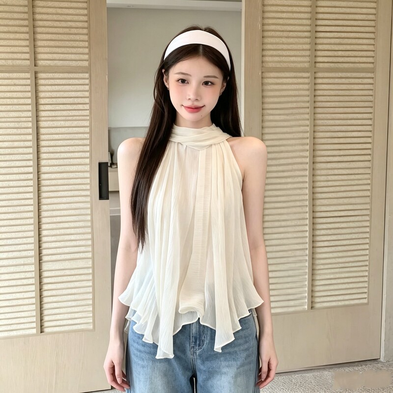 Gentle Style Halter Neck Sleeveless Chiffon Top for Women in Summer, Loose Pleated Ruffled Slimming and Elegant Outerwear Tank Top