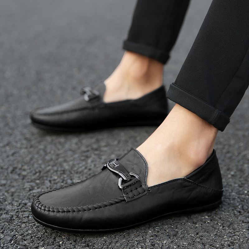 Tide Cards Bean Shoes Men's Shoes Han Prints 100 Hitch Fashion Sloth Shoes Genuine Leather Shoes 2022 Spring Summer Breathable Casual Boomer Shoes