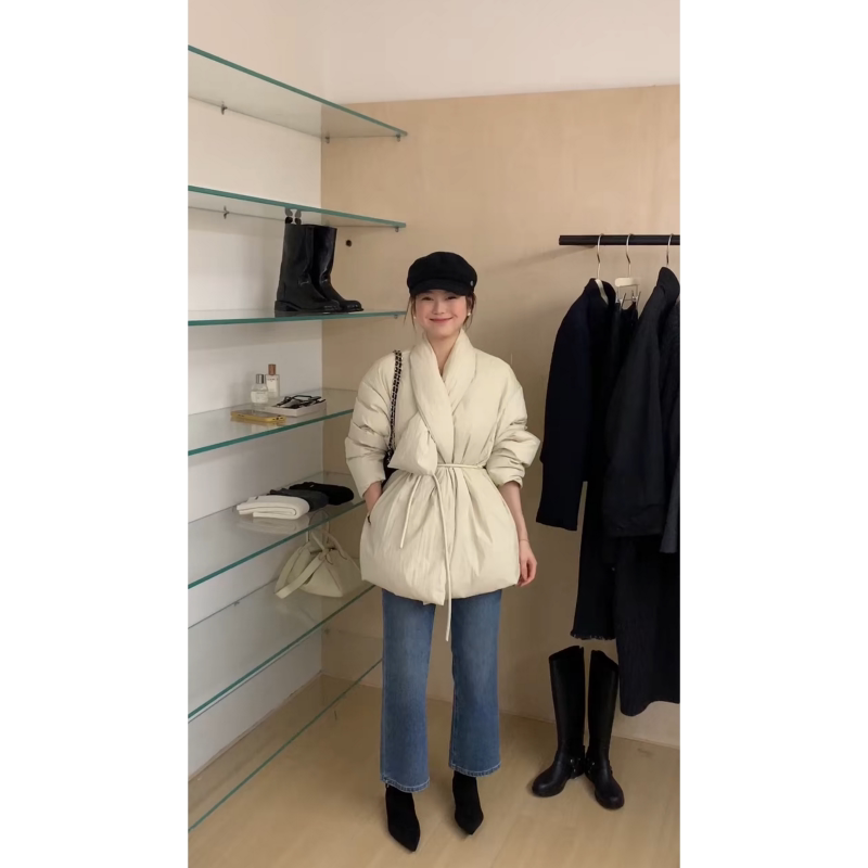 Thirteen Rows Women's Autumn and Winter Korean Style Robe-Style Tie-Up down Jacket Women's New Design Neck Warmer Thickened Coat