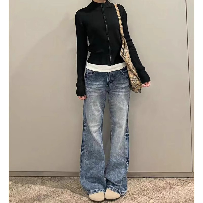 American-Style Low-Waist Wide-Leg Jeans for Women, 2025 New Vintage Ripped Loose Fit, Non-Tight Straight-Leg Flared Floor-Length Pants