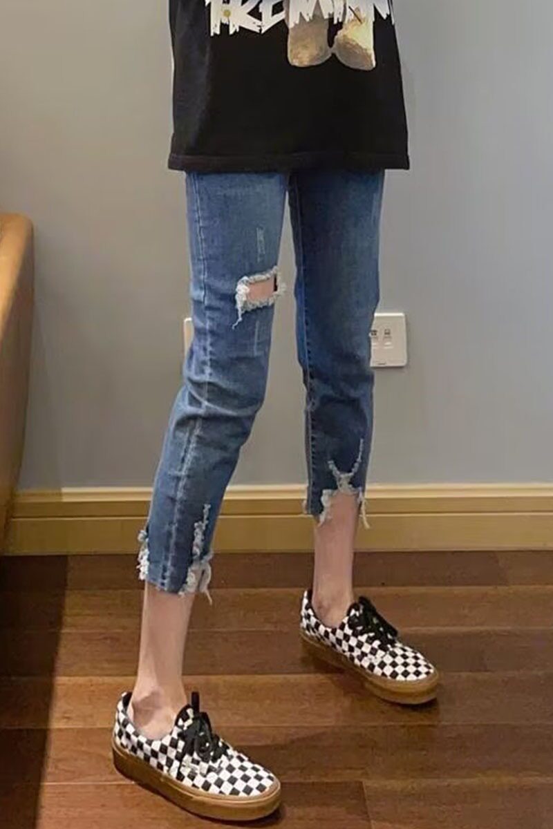 女性用ダメージデニムクロップドパンツ、ハイウエストストレートレッグ、洋ナシ型、スリムに見せる、小柄な人向け、8ポイントシガレットスタイルパンツ、細身。