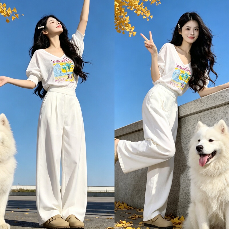 Summer New Casual Two-Piece Suit for Women, Slim-Fit T-Shirt, Short-Sleeved Top, White Wide-Leg Pants, Complete Outfit