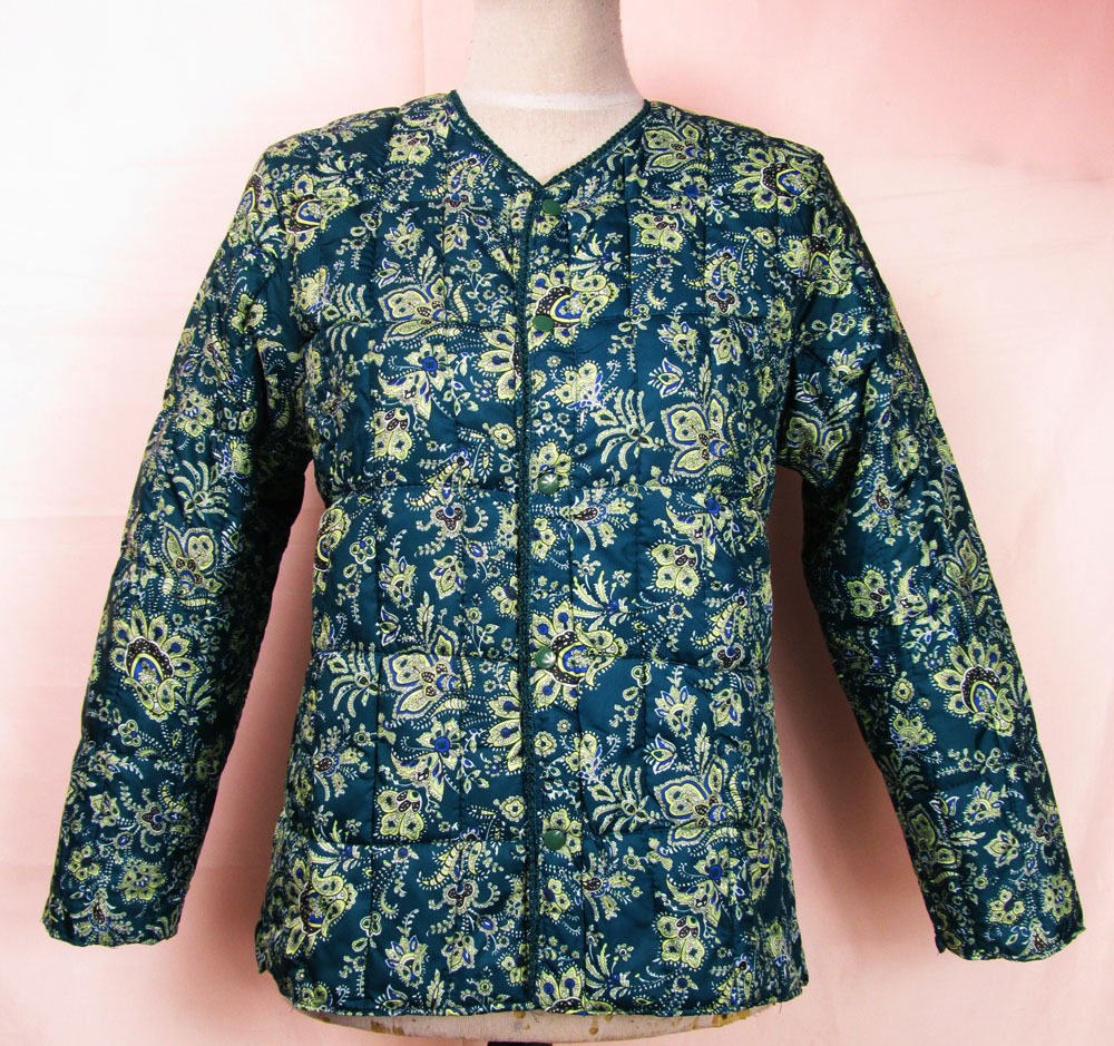 Clear Cabin Small Cotton Clog Ink Green Color Dress Inside Wearing Short middle aged small cotton padded jacket No collar Autumn Winter Thin Cotton Clothing