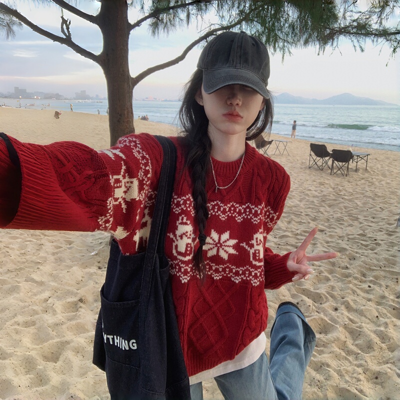 Christmas Outfit Fair Isle Style Sweater Red Jacquard Sweater for Women Winter New Loose Cable Knit Sweater for Outerwear Christmas Outfit Fair Isle Style Sweater Red Jacquard Sweater for Women Winter New Loose Cable Knit Sweater for Outerwear
