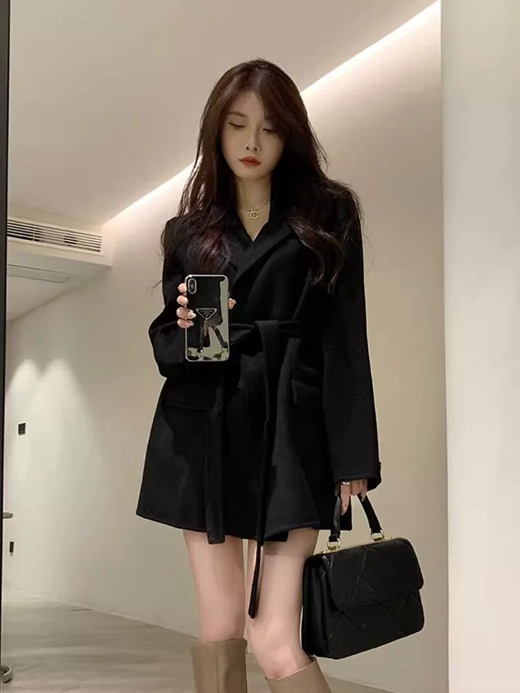 Чёрная деми-сезонная шерстяная Coat, куртка, кашемировая вставка, стиль высокого качества, для подростков, увеличенная толщина
