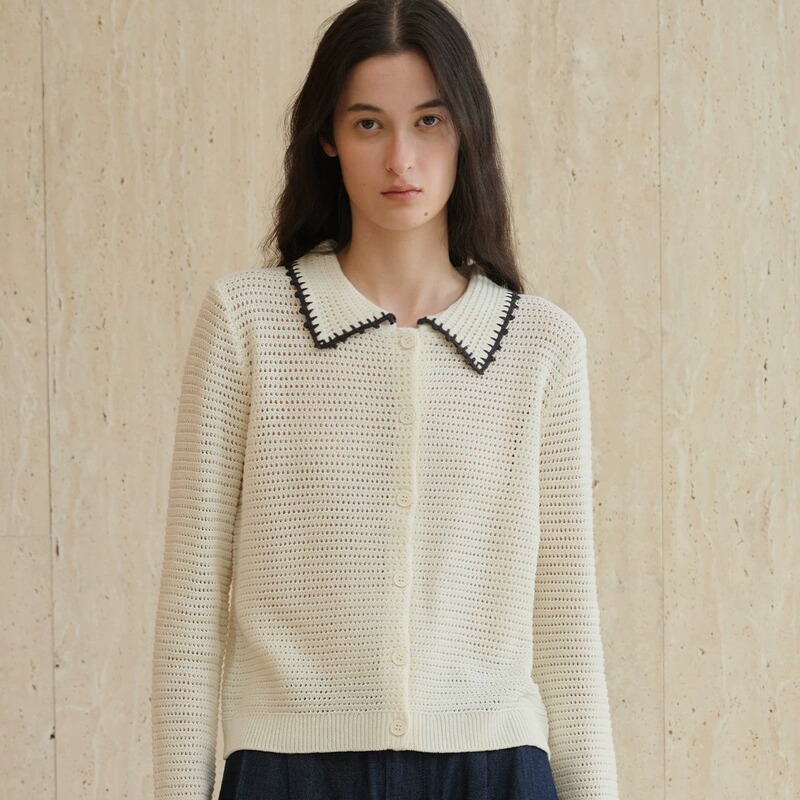 Oraby · Cotton Wool Color-Blocked Hand-Crocheted Lace Collar Knitted Cardigan