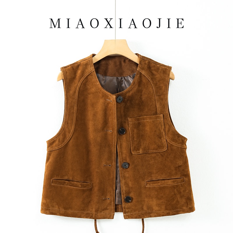 Old Money Style High-End Goatskin Suede Genuine Leather Vest for Women 2025 New Sleeveless Leather Waistcoat Short Leather Vest