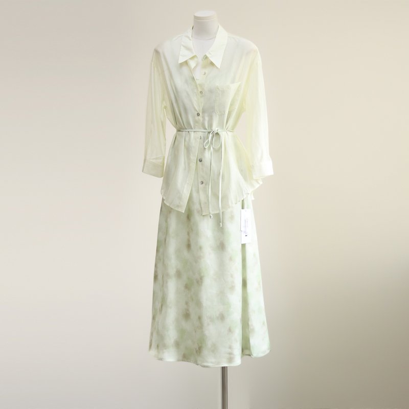 2026 Summer New French Style Tencel Thin Sunscreen Shirt Women's Gentle Temperament Printed Strap Dress Set