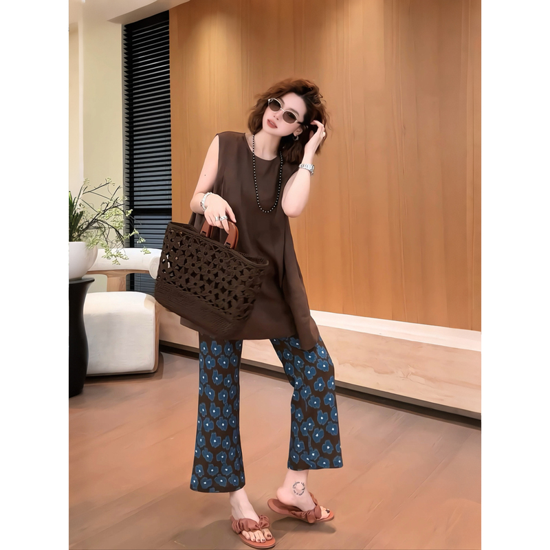 Yueyue Doesn'T Eat Fish [Qingtangwu] Summer New Niche Coffee-Colored Blue Floral Lyocell Casual Pants D3887